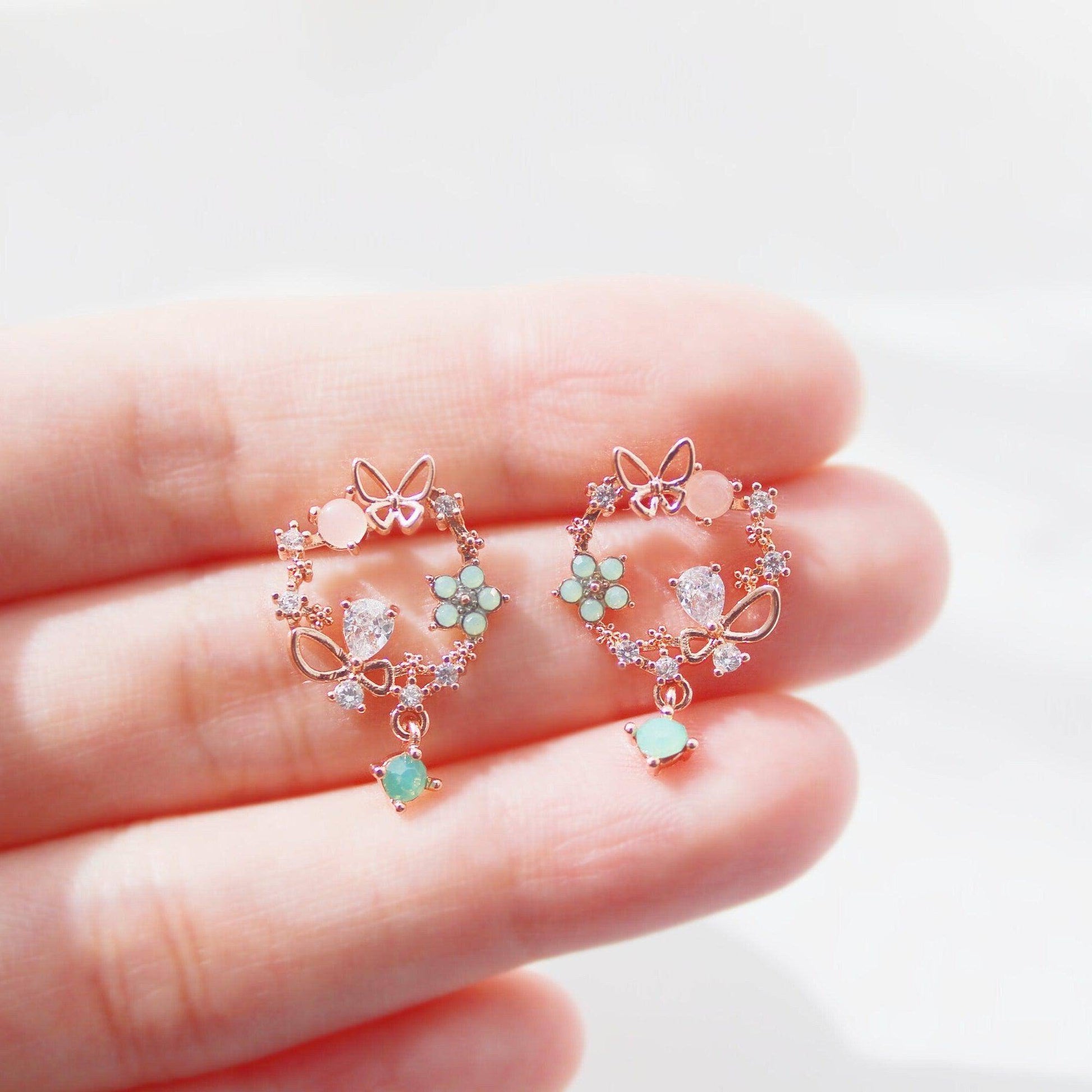 Butterfly in Flower Earrings - Wreath with Tiny Green Crystal Drop Earrings-Ninaouity