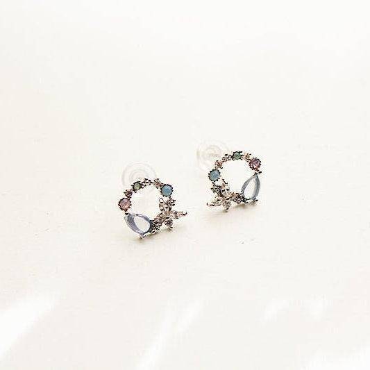 Butterfly Wreath Earrings - Light Blue Crystal Flower Sterling Silver Studs Earrings-Ninaouity