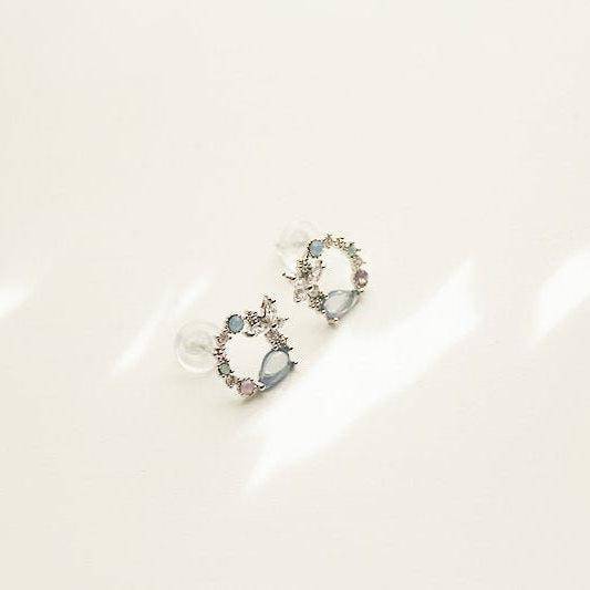 Butterfly Wreath Earrings - Light Blue Crystal Flower Sterling Silver Studs Earrings-Ninaouity