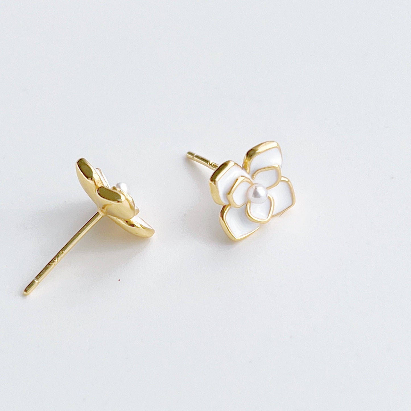 Camellia earrings - White Camellia Flower Shape Sterling Silver Stud Earrings-Ninaouity