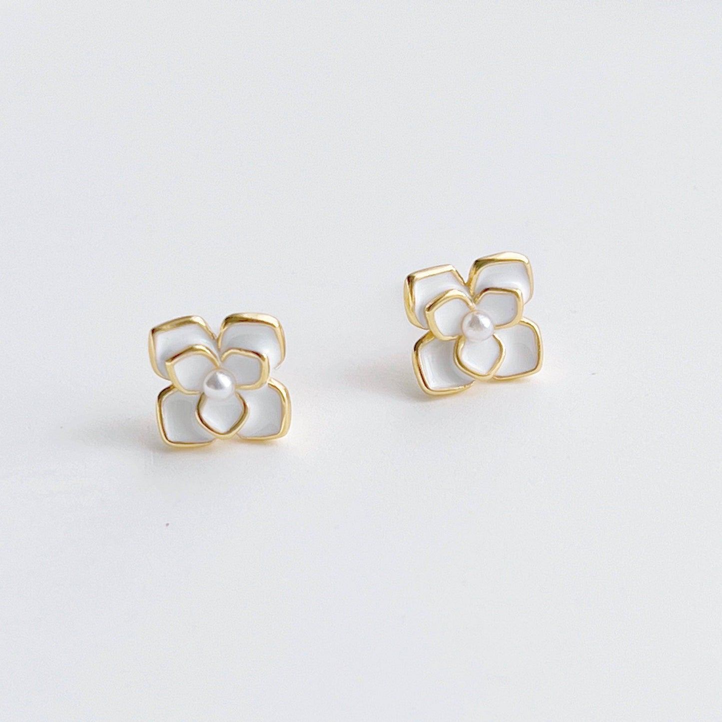 Camellia earrings - White Camellia Flower Shape Sterling Silver Stud Earrings-Ninaouity