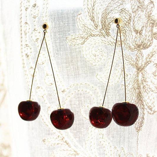 Cherry Earrings - Dark Red Cherry Shape Statement Earrings-Ninaouity