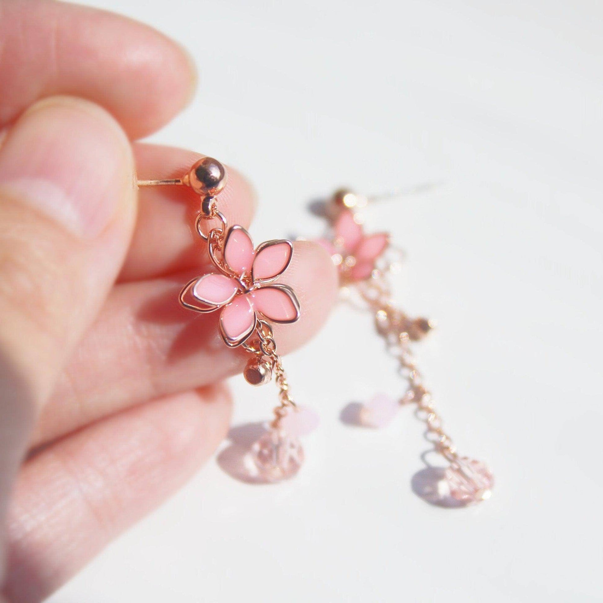 Cherry Flower Earrings - Pink Five Petals Flower Dangle Drop Earrings-Ninaouity