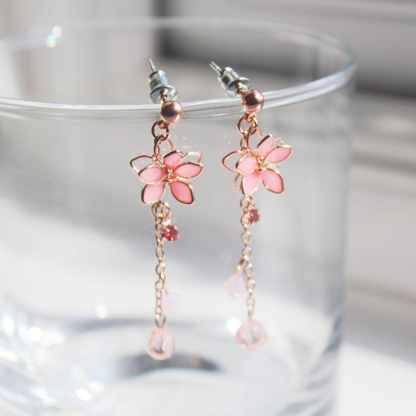 Cherry Flower Earrings - Pink Five Petals Flower Dangle Drop Earrings-Ninaouity