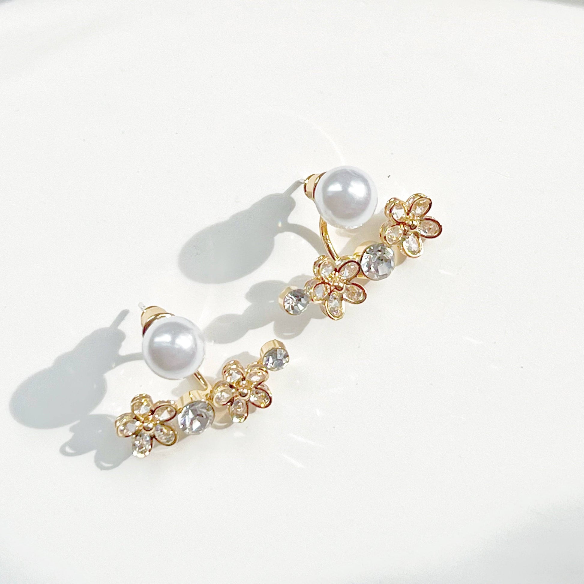 Crystal Flower and Pearl Ear Jackets - Two Way to Wear Earrings-Ninaouity