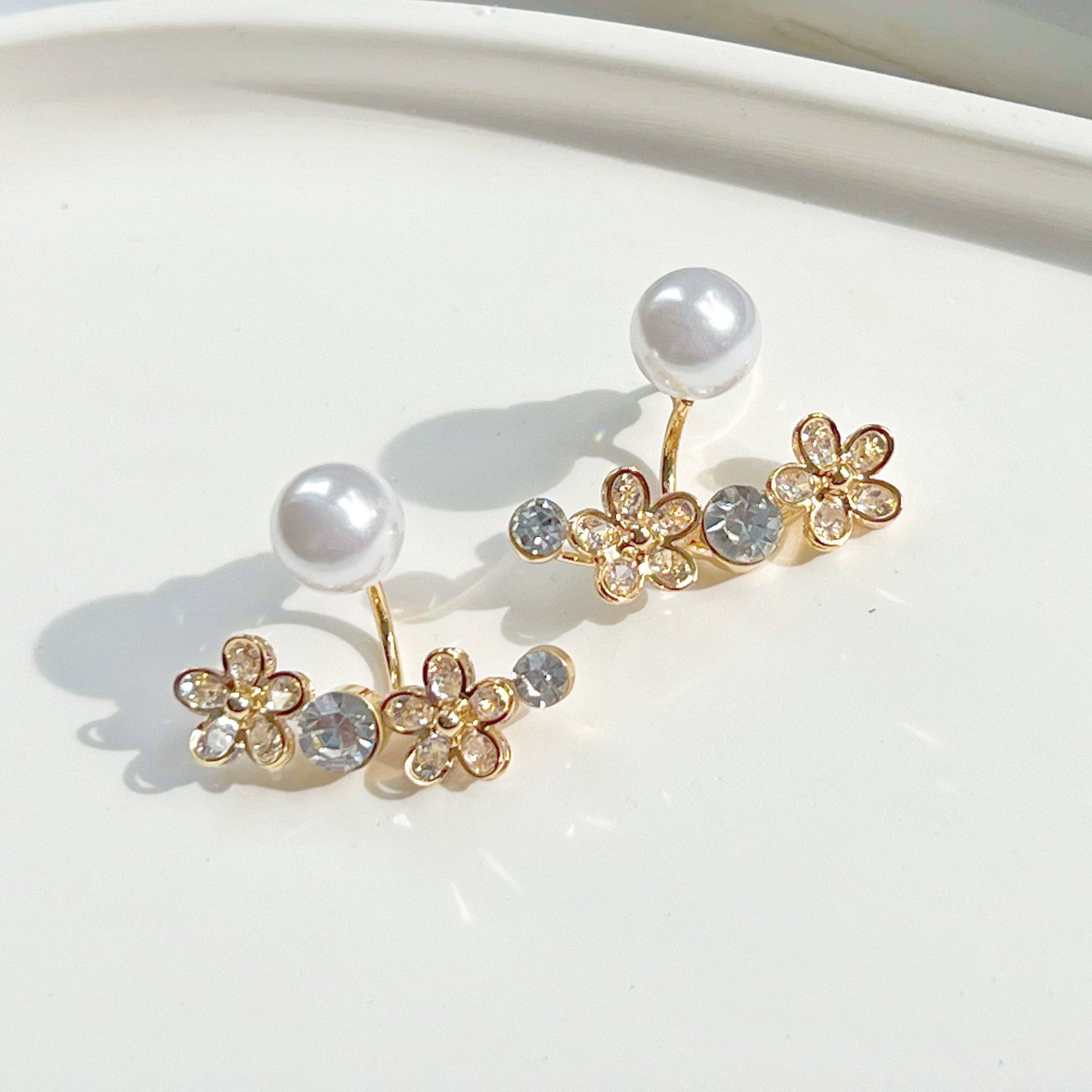 Crystal Flower and Pearl Ear Jackets - Two Way to Wear Earrings-Ninaouity
