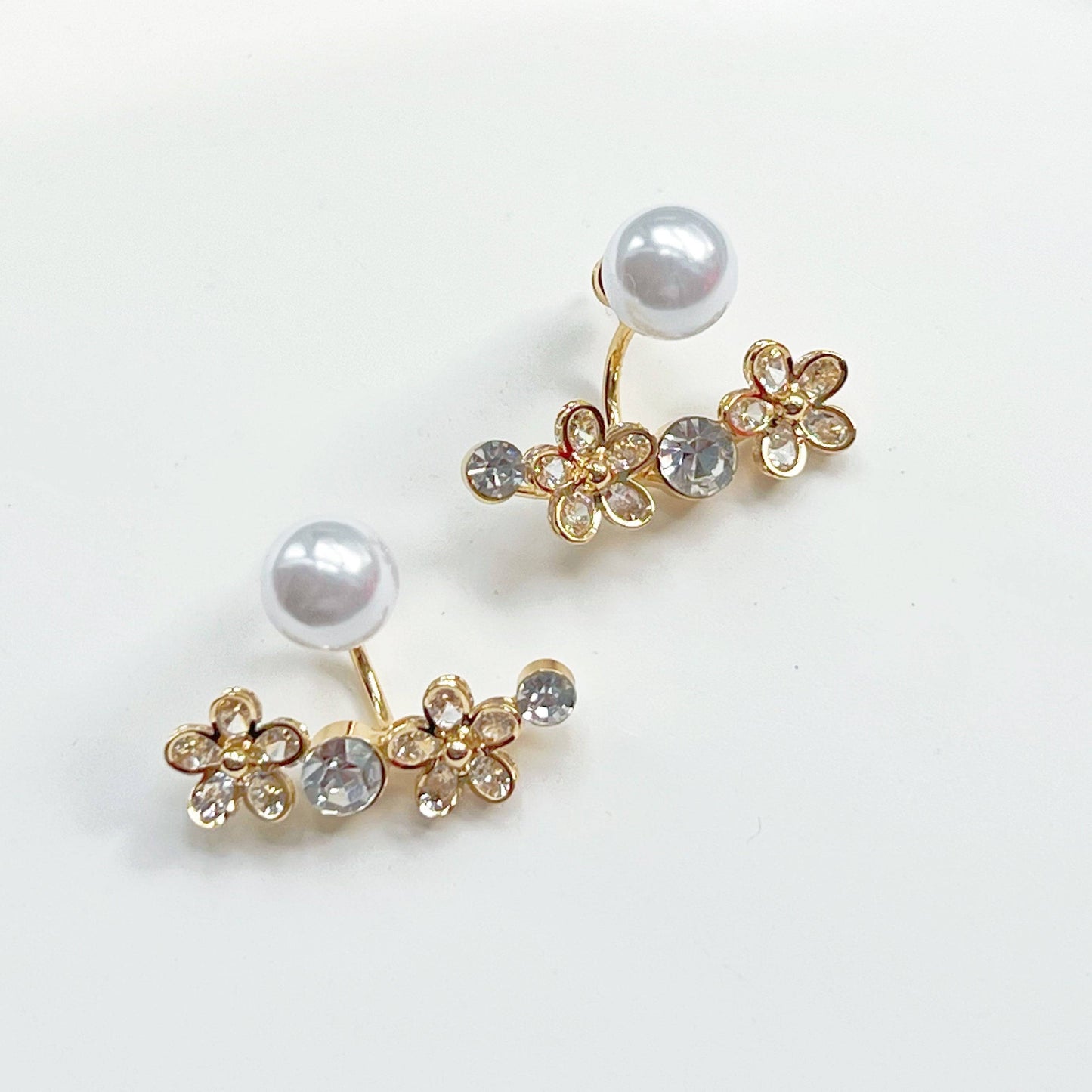 Crystal Flower and Pearl Ear Jackets - Two Way to Wear Earrings-Ninaouity