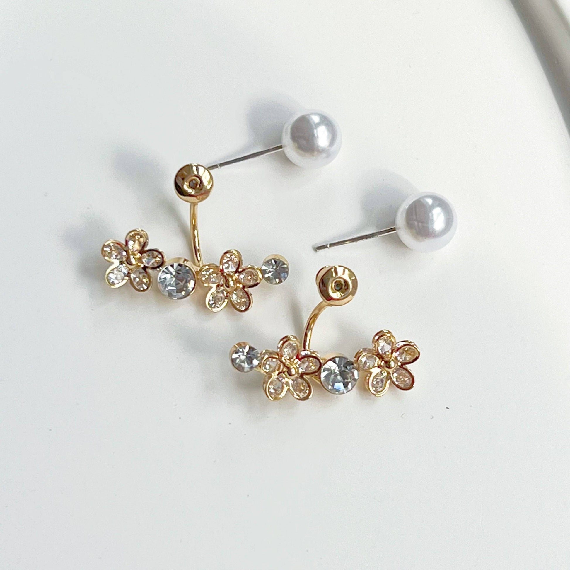 Crystal Flower and Pearl Ear Jackets - Two Way to Wear Earrings-Ninaouity