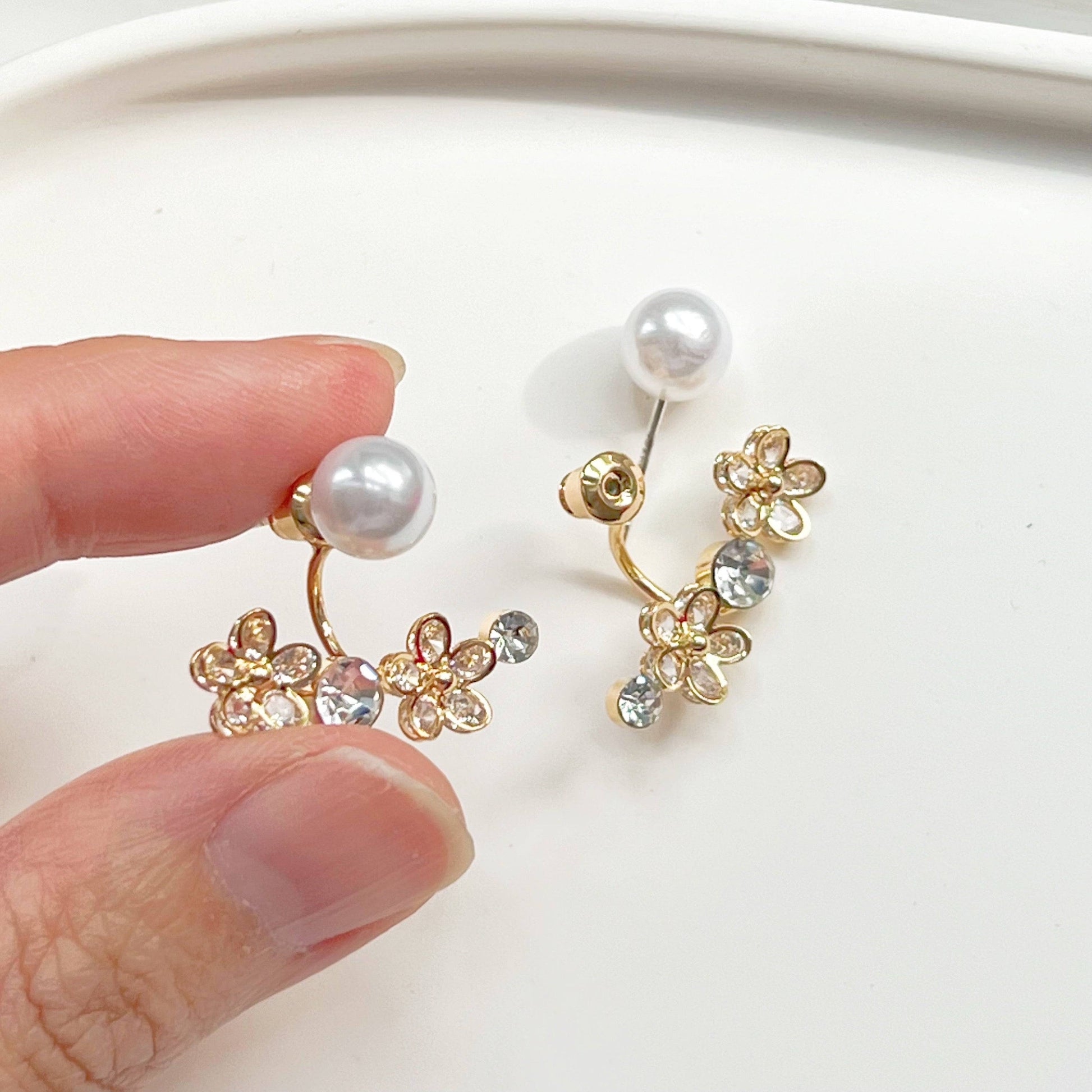 Crystal Flower and Pearl Ear Jackets - Two Way to Wear Earrings-Ninaouity