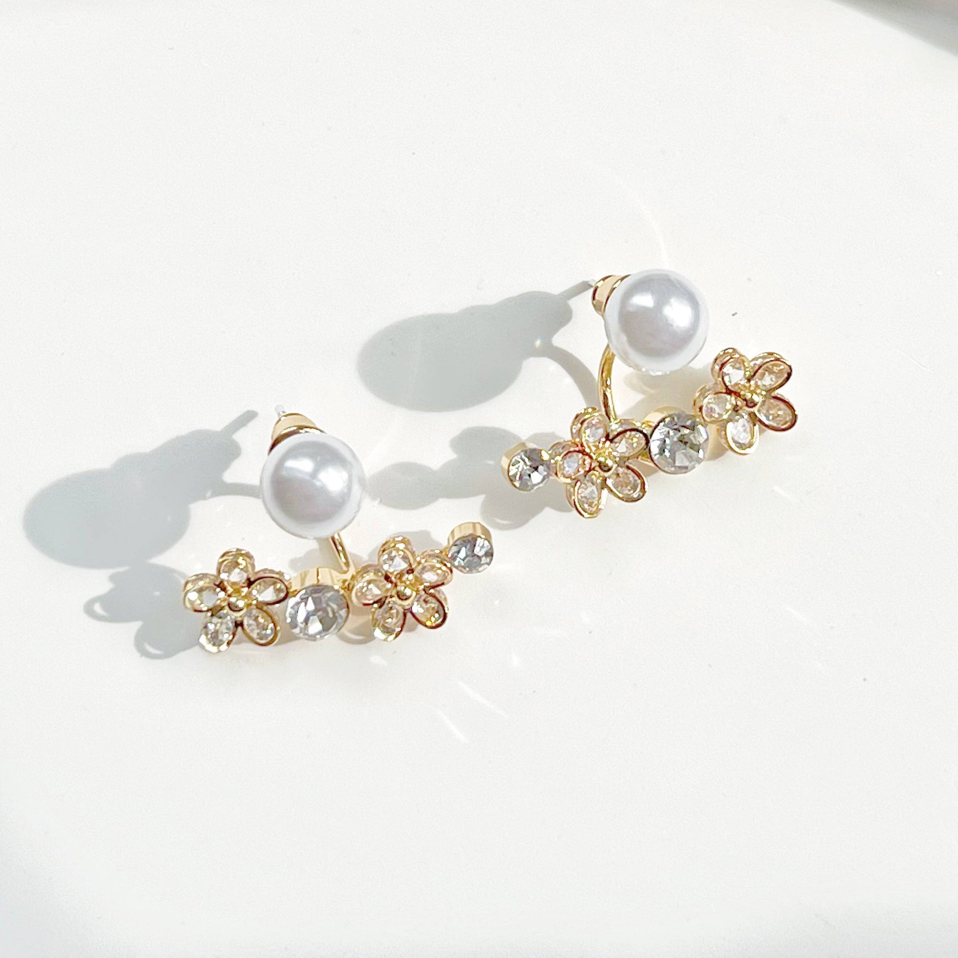 Crystal Flower and Pearl Ear Jackets - Two Way to Wear Earrings-Ninaouity