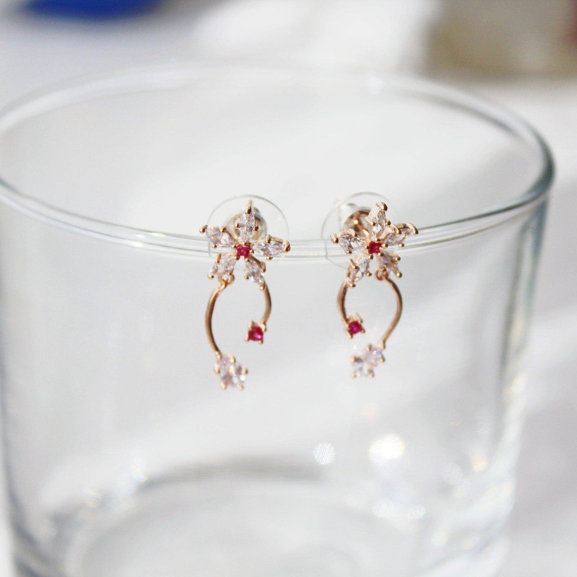 Cypress Vine Flower Earrings - Star Shape Flower with Red Crystal Mini Drop Earrings-Ninaouity