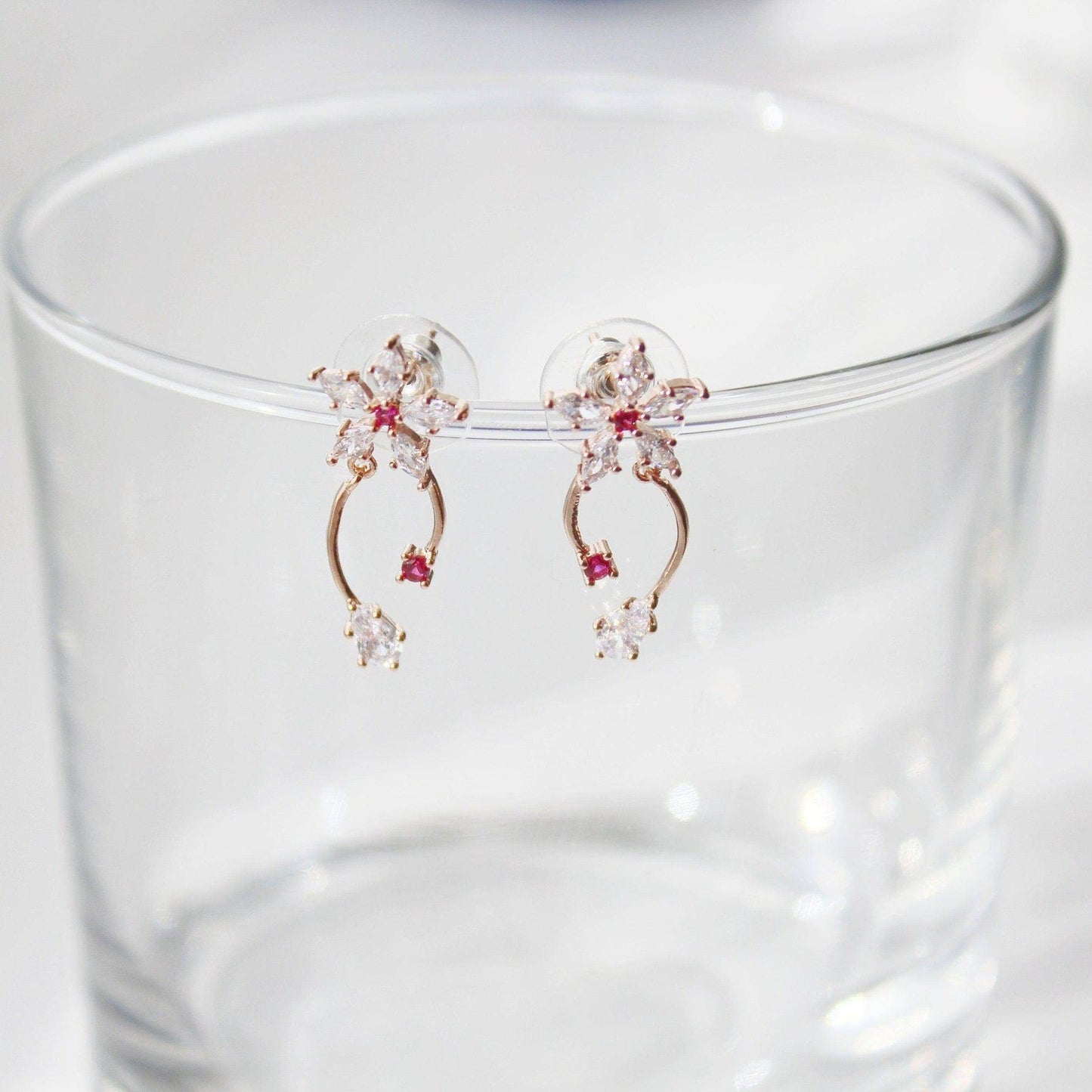 Cypress Vine Flower Earrings - Star Shape Flower with Red Crystal Mini Drop Earrings-Ninaouity