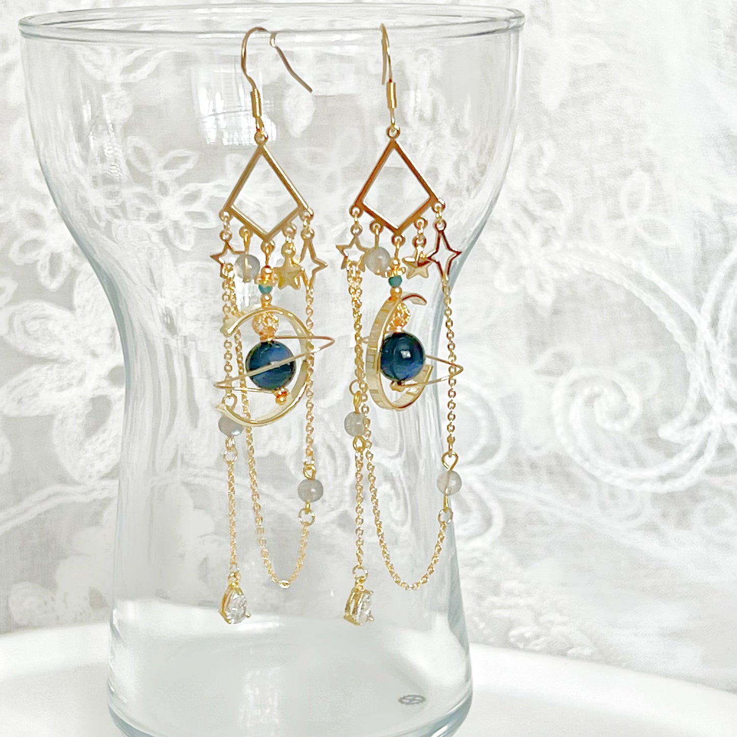 Dark Blue Tiger's Eye and Moonstone Planet Earrings-Ninaouity