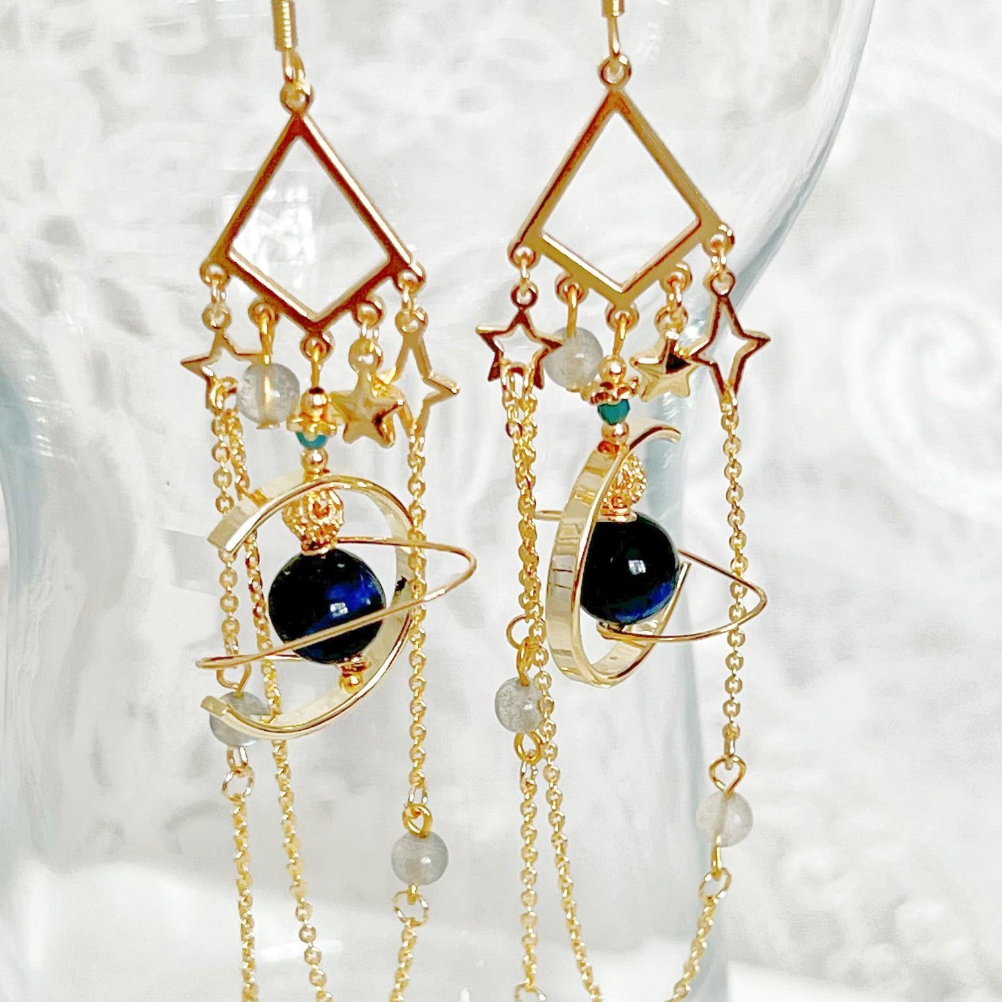 Dark Blue Tiger's Eye and Moonstone Planet Earrings-Ninaouity