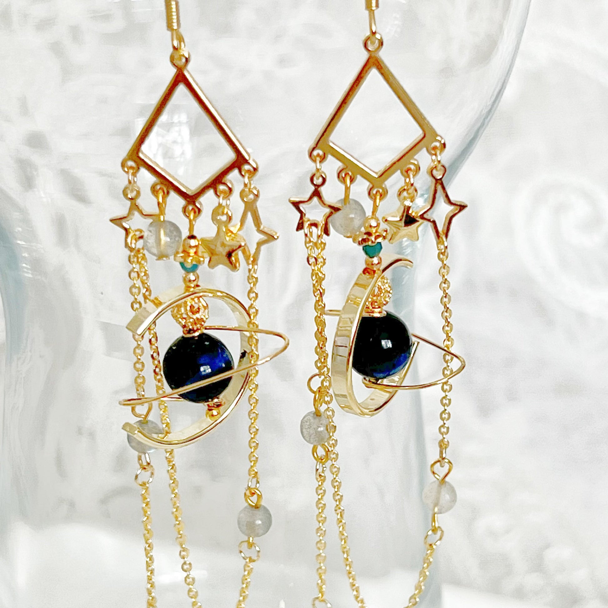 Dark Blue Tiger's Eye and Moonstone Planet Earrings-Ninaouity