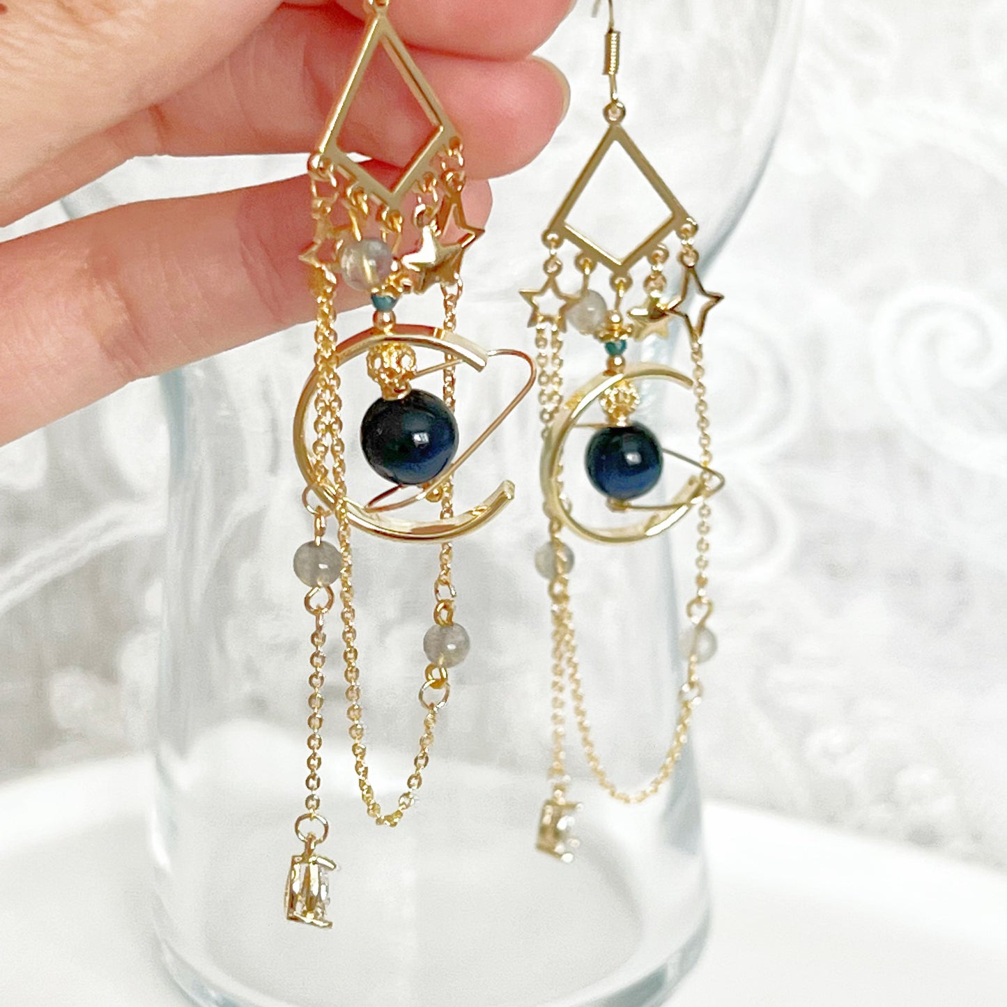 Dark Blue Tiger's Eye and Moonstone Planet Earrings-Ninaouity