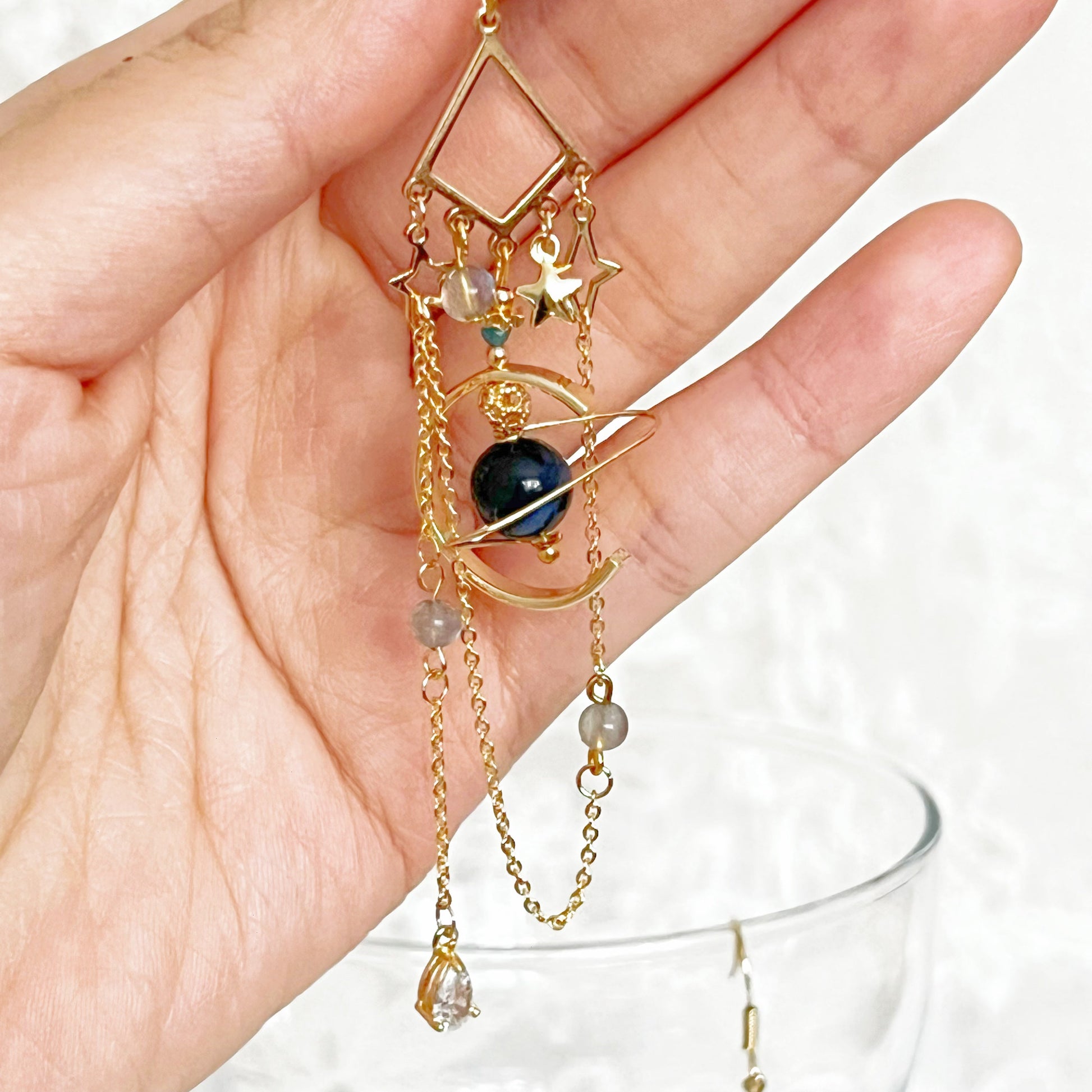 Dark Blue Tiger's Eye and Moonstone Planet Earrings-Ninaouity