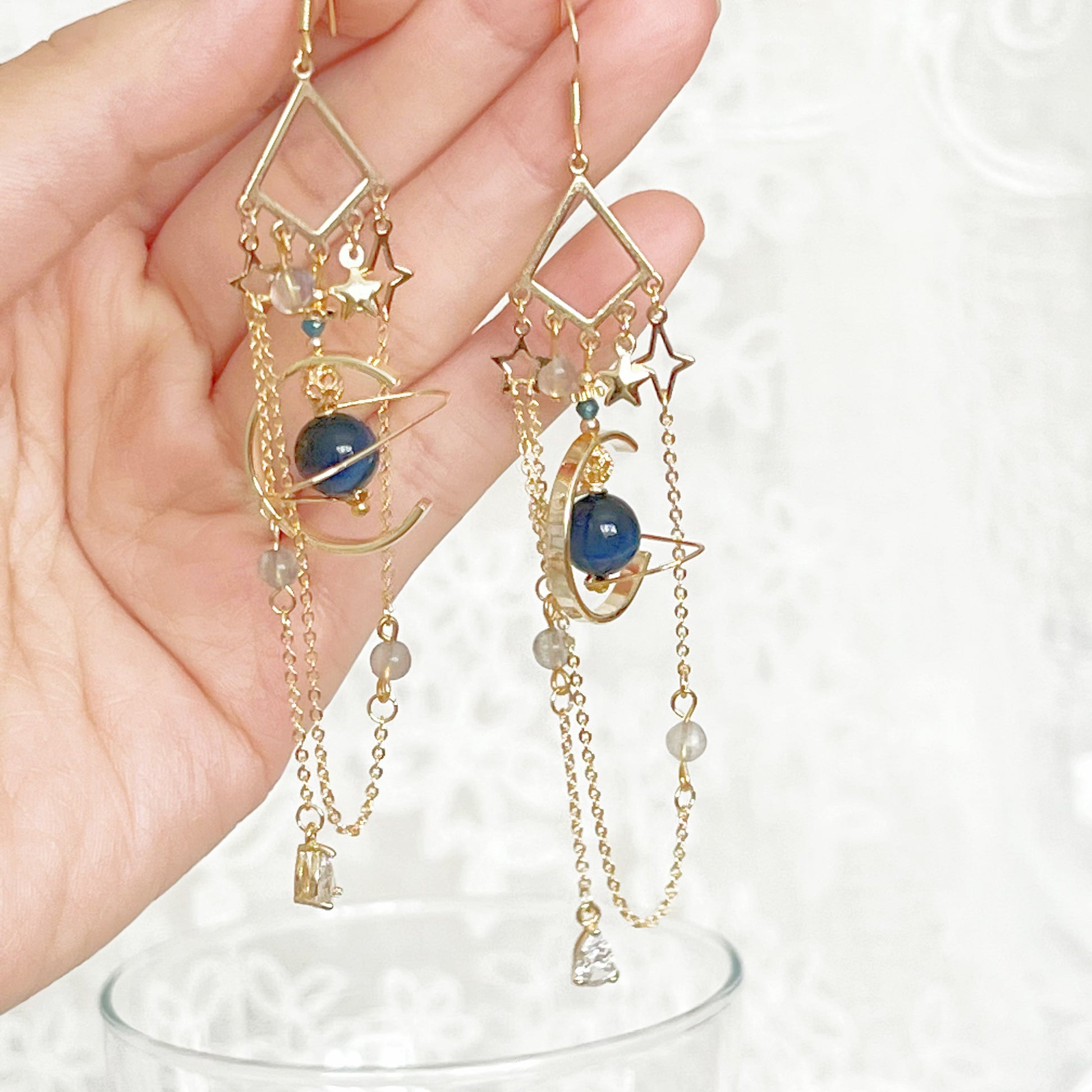 Dark Blue Tiger's Eye and Moonstone Planet Earrings-Ninaouity