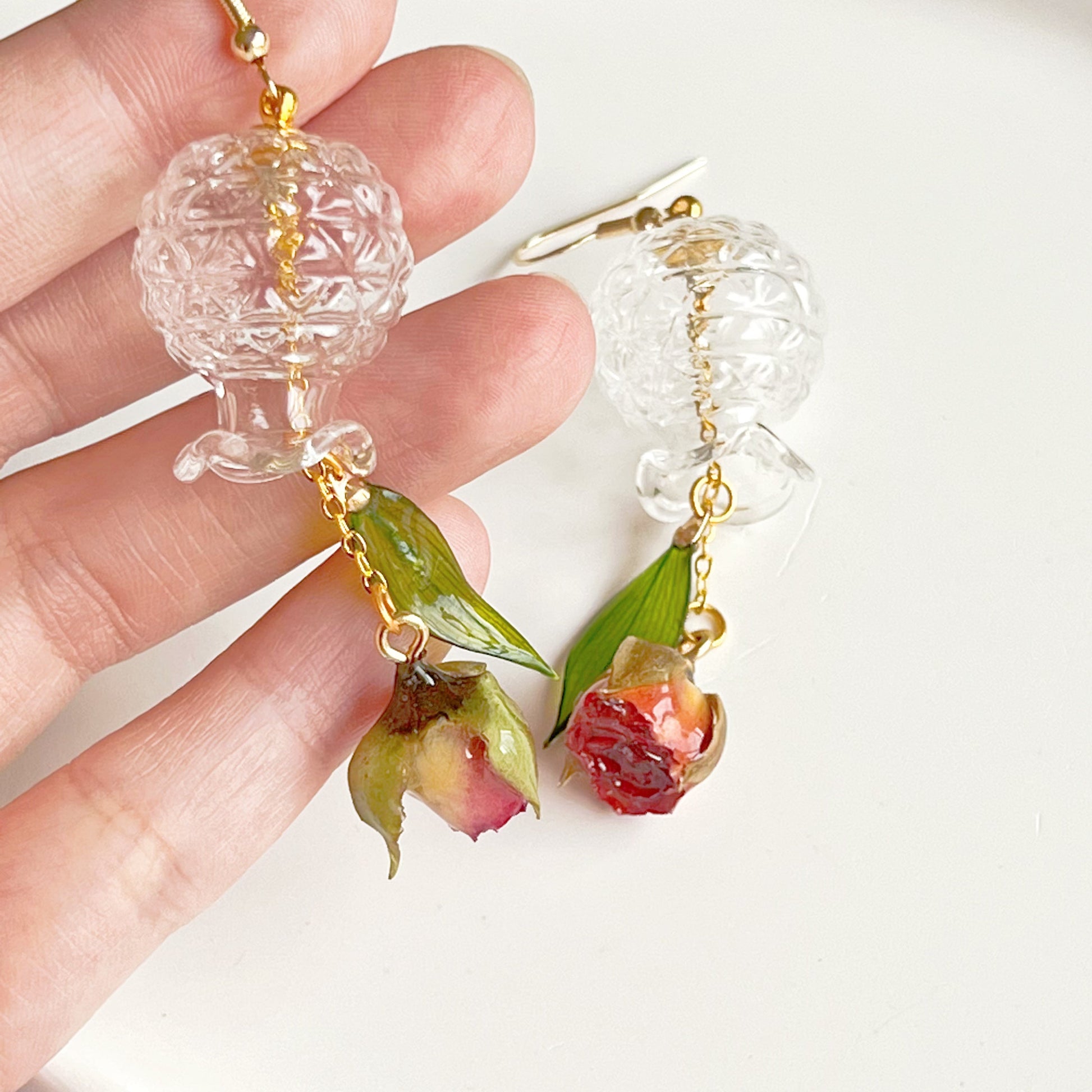 Dark Orange Rose Flowers in Miniature Glass Vase Drop Earrings-Ninaouity