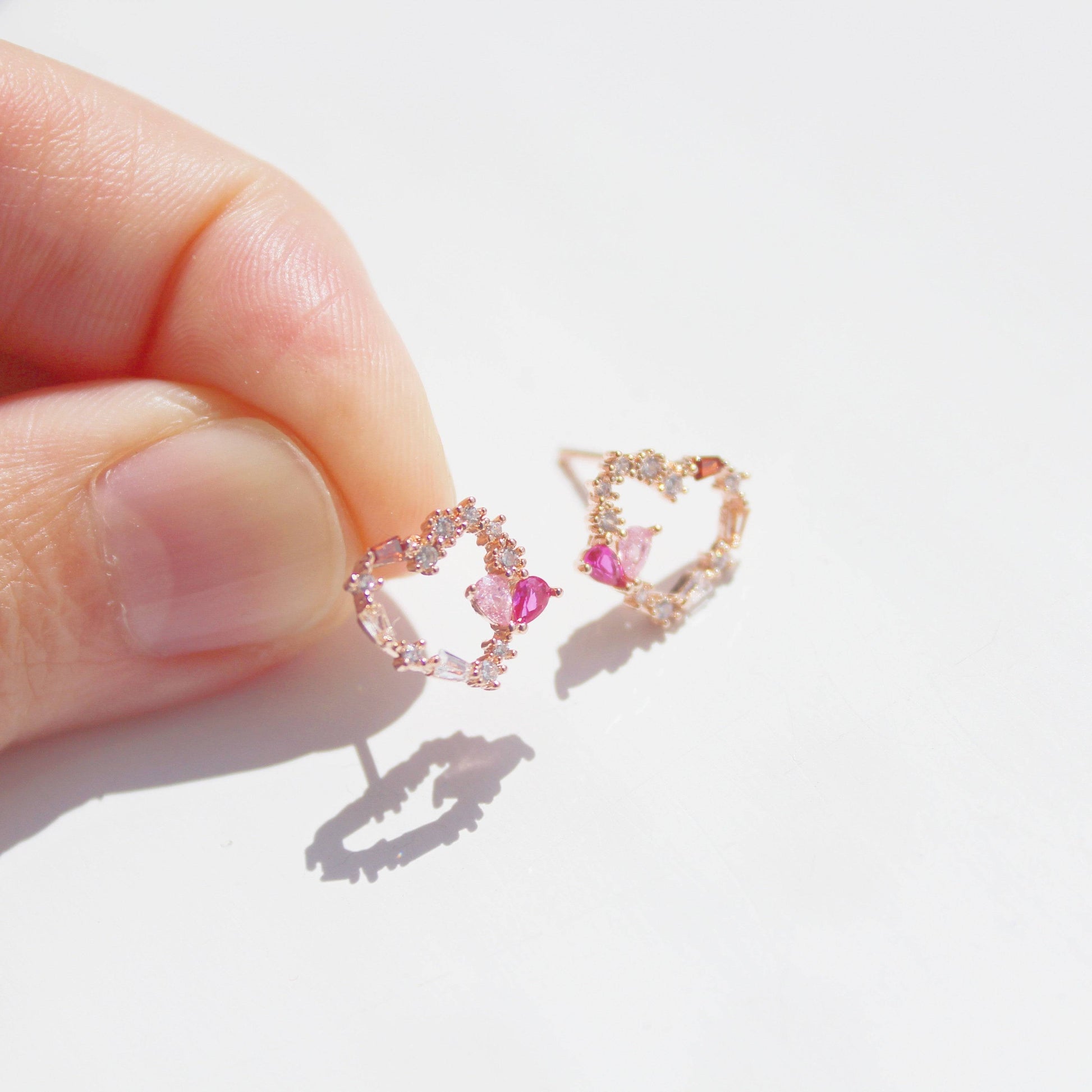 Dark Pink Crystal Heart and Star Sterling Silver Studs Earrings-Ninaouity