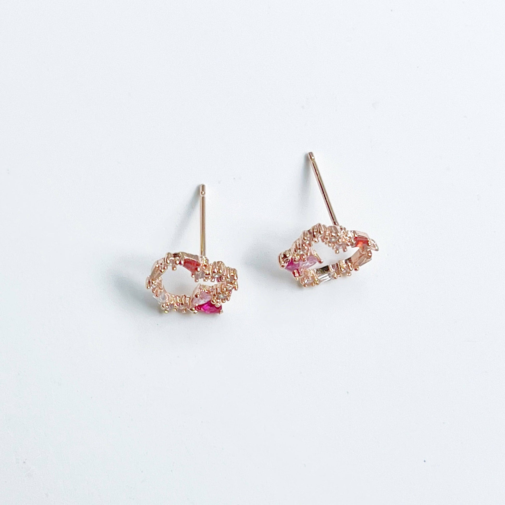 Dark Pink Crystal Heart and Star Sterling Silver Studs Earrings-Ninaouity