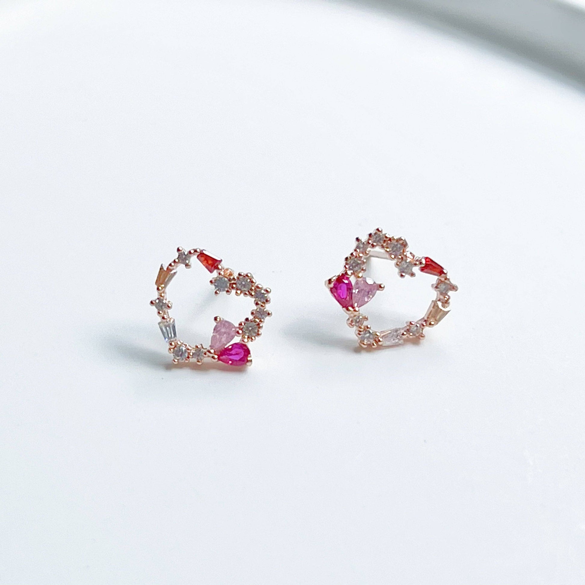 Dark Pink Crystal Heart and Star Sterling Silver Studs Earrings-Ninaouity
