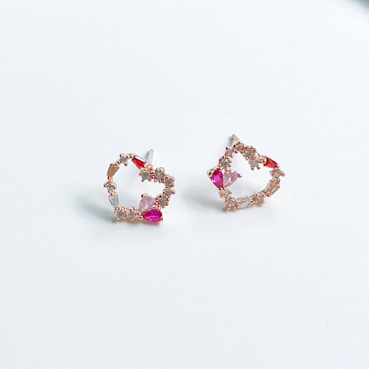 Dark Pink Crystal Heart and Star Sterling Silver Studs Earrings-Ninaouity