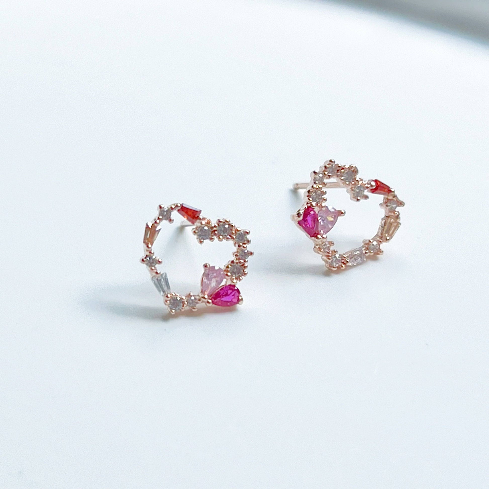 Dark Pink Crystal Heart and Star Sterling Silver Studs Earrings-Ninaouity