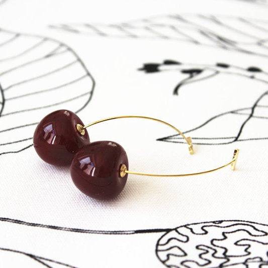 Dark Red Cherry Earrings - Vintage Rockabilly Style Statement Earrings-Ninaouity