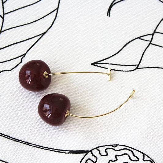 Dark Red Cherry Earrings - Vintage Rockabilly Style Statement Earrings-Ninaouity