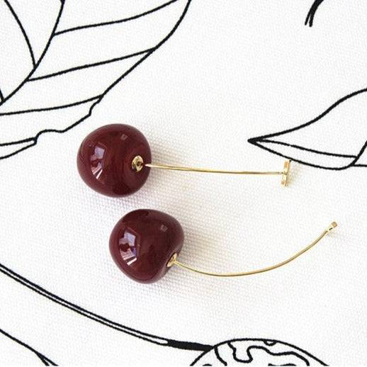 Dark Red Cherry Earrings - Vintage Rockabilly Style Statement Earrings-Ninaouity