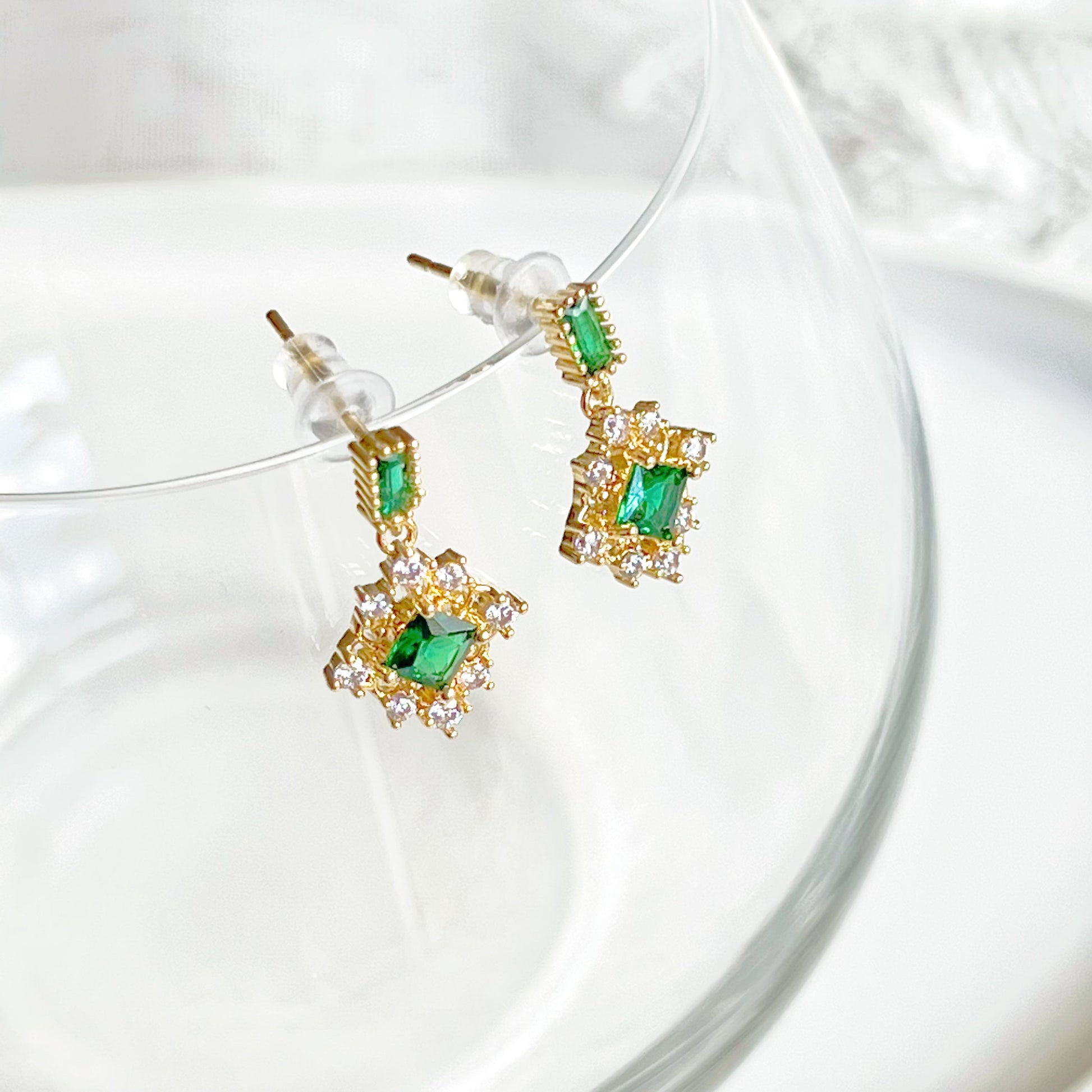 Double Square Emerald Green Crystal Little Drop Earrings-Ninaouity