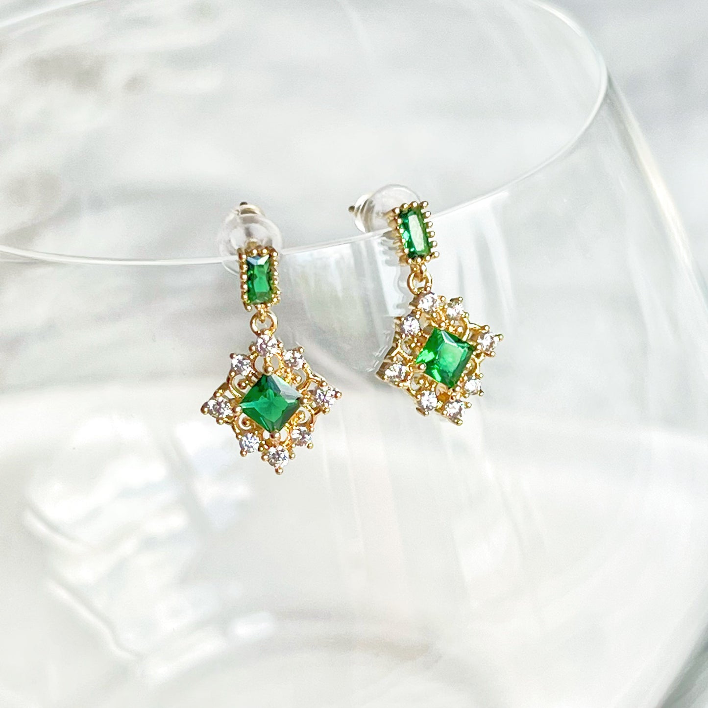 Double Square Emerald Green Crystal Little Drop Earrings-Ninaouity