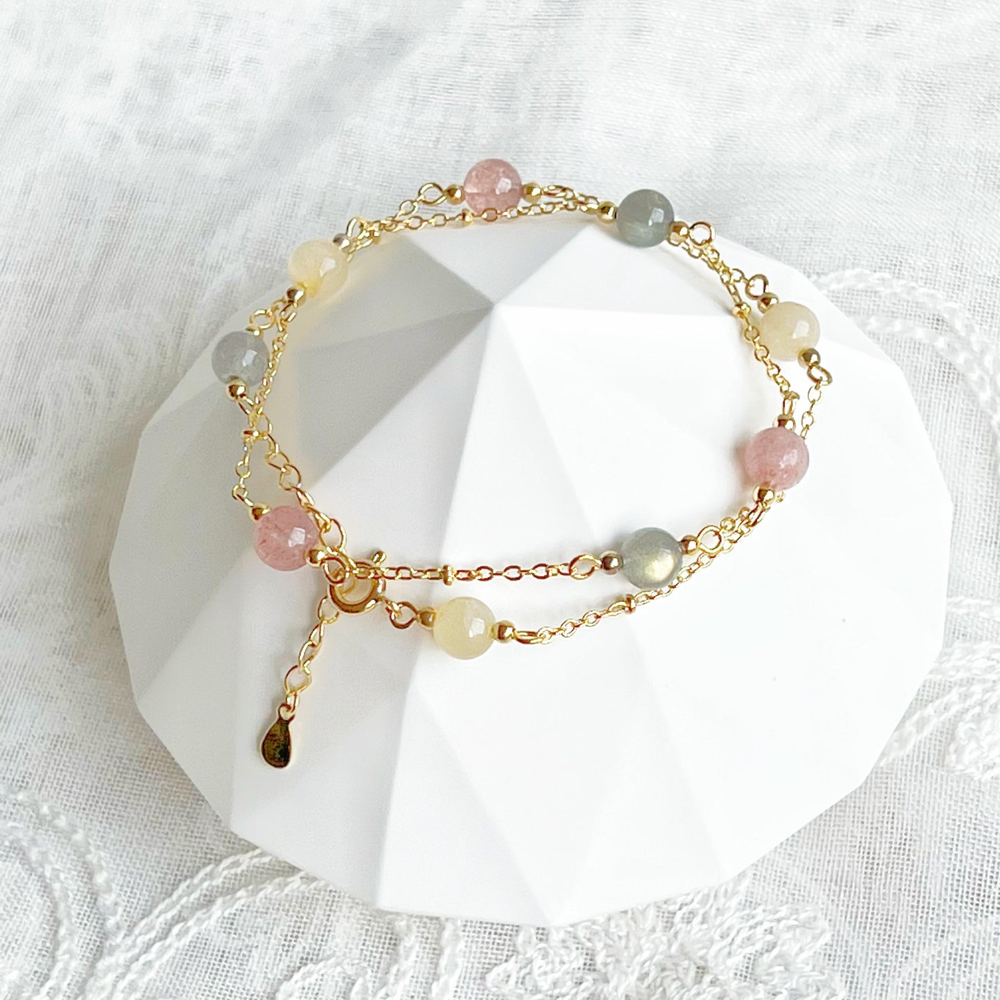 Double Wrap Gemstone Bracelet - Strawberry Quartz Citrine and Moonstone-Ninaouity