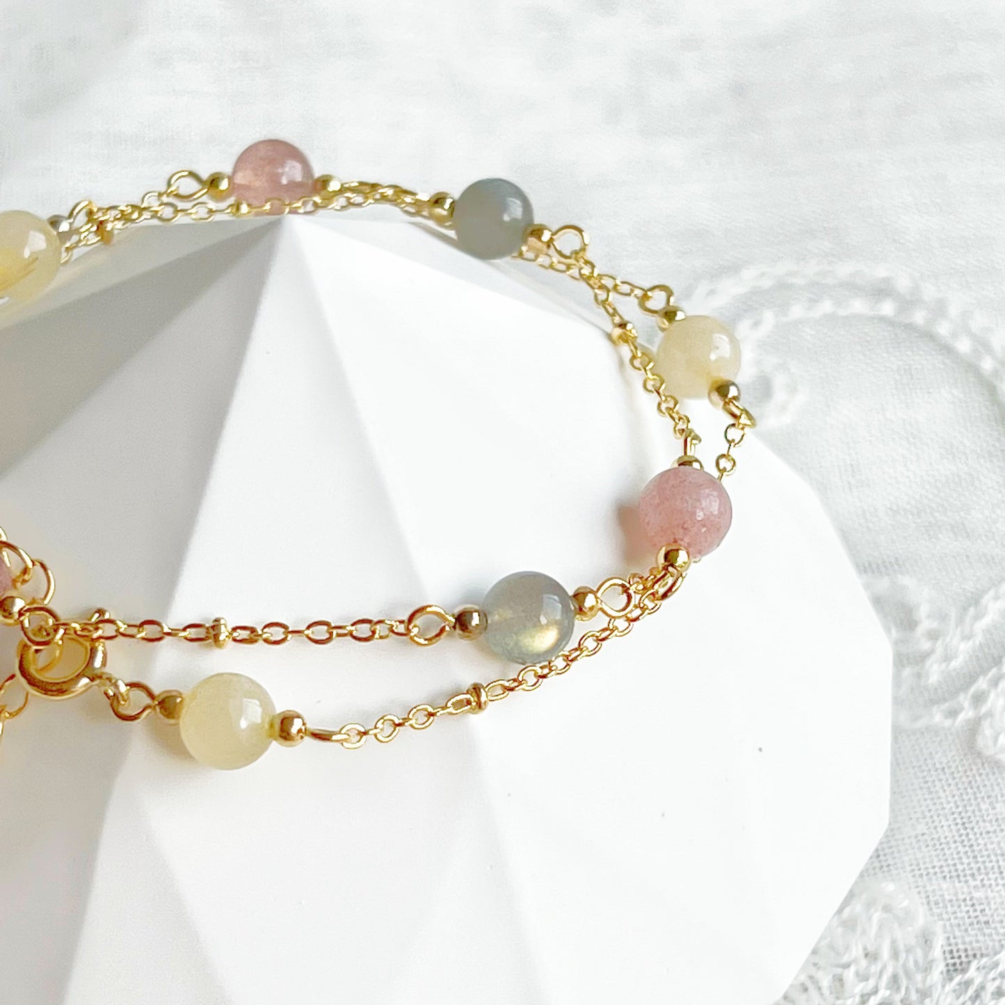 Double Wrap Gemstone Bracelet - Strawberry Quartz Citrine and Moonstone-Ninaouity