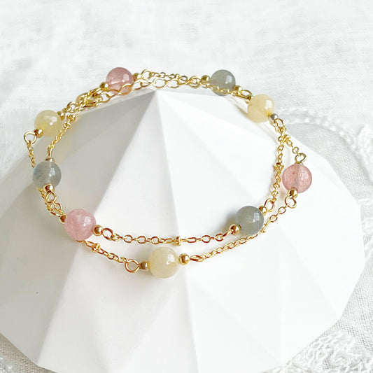 Double Wrap Gemstone Bracelet - Strawberry Quartz Citrine and Moonstone-Ninaouity