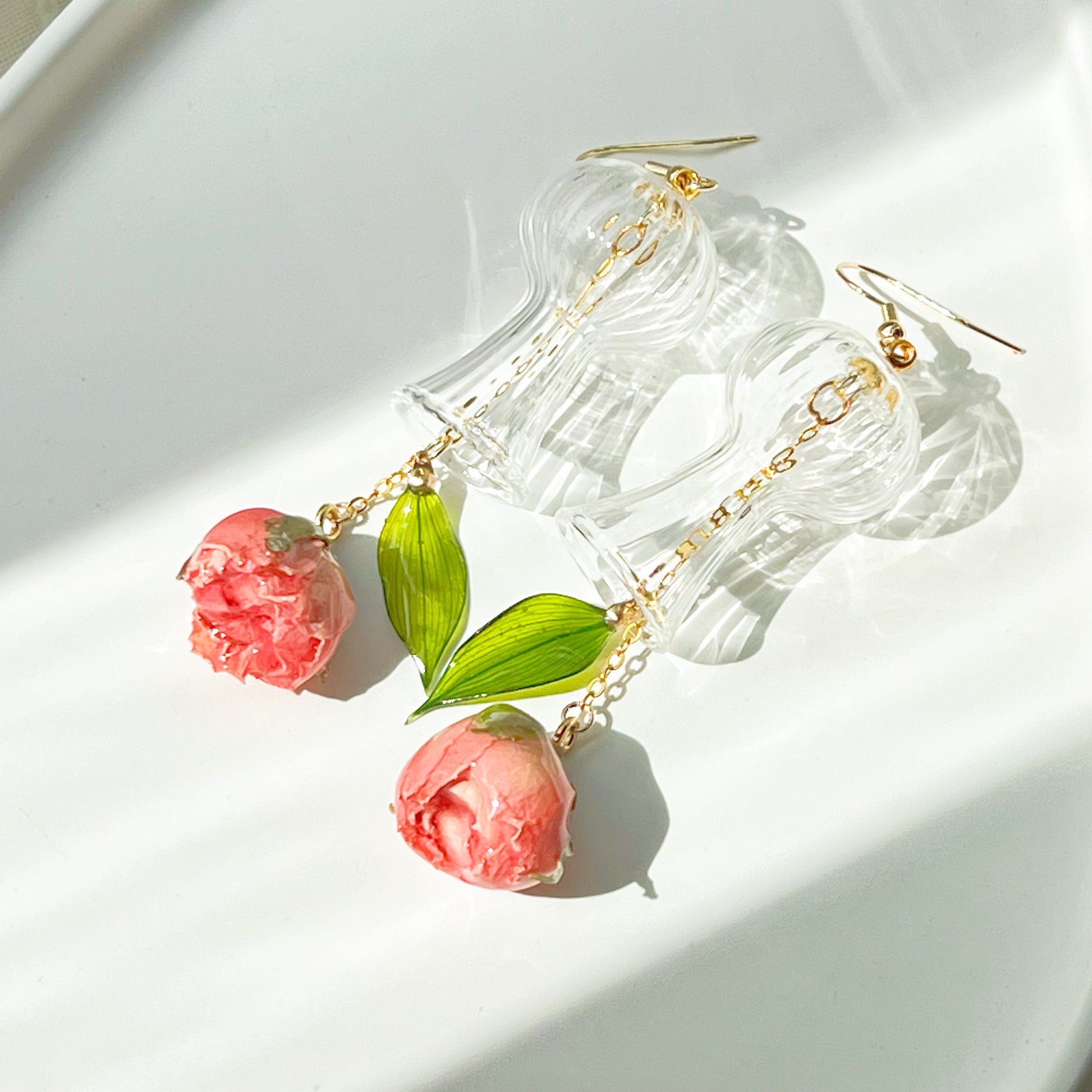 Dried Rose Flowers in Miniature Glass Vase Drop Earrings-Ninaouity