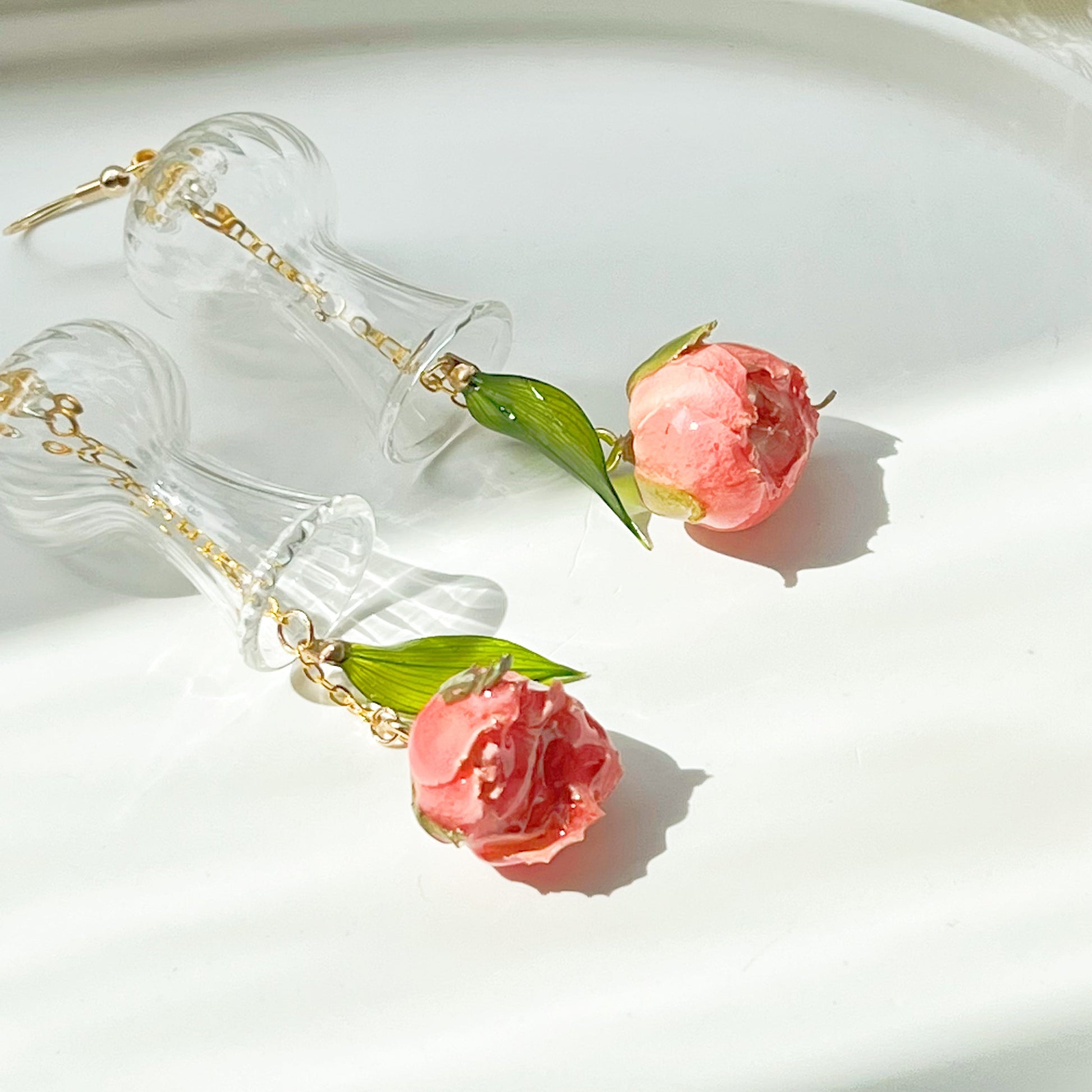 Dried Rose Flowers in Miniature Glass Vase Drop Earrings-Ninaouity
