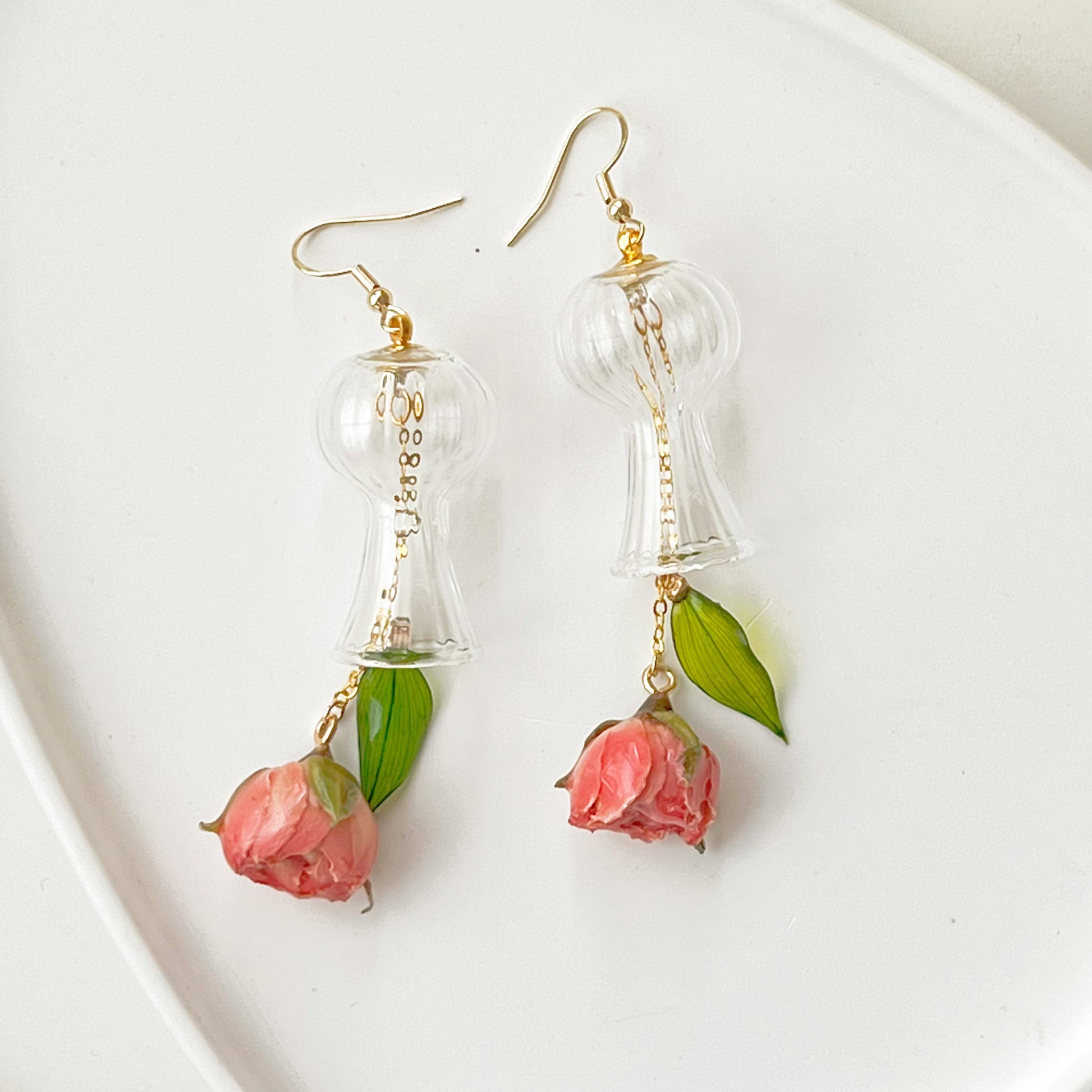 Dried Rose Flowers in Miniature Glass Vase Drop Earrings-Ninaouity