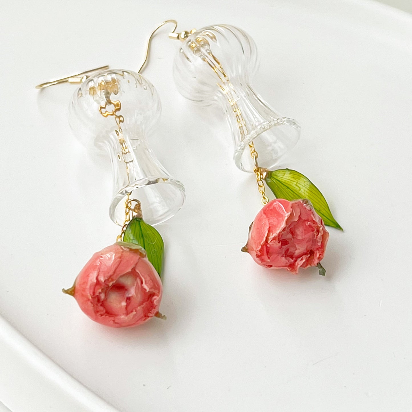 Dried Rose Flowers in Miniature Glass Vase Drop Earrings-Ninaouity