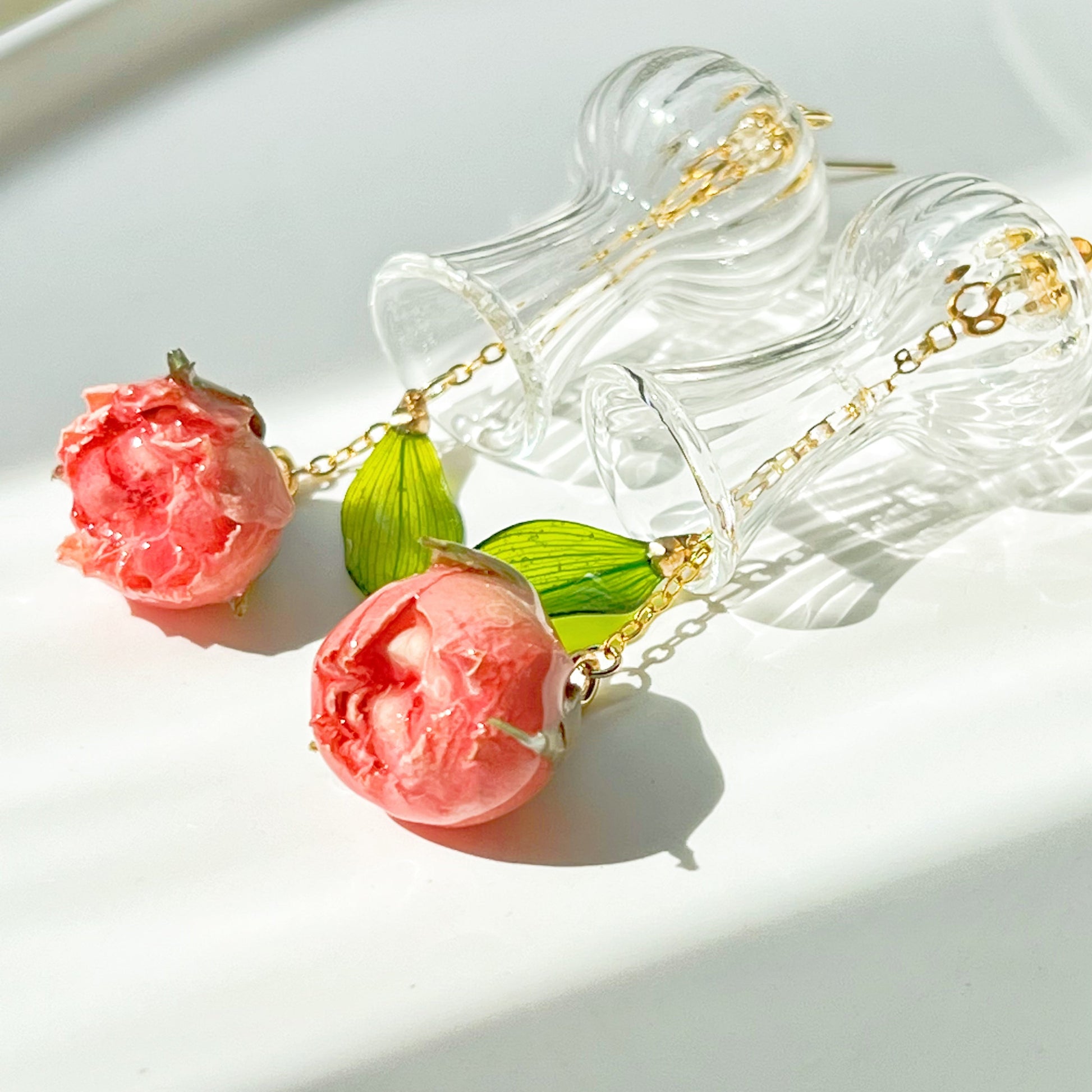 Dried Rose Flowers in Miniature Glass Vase Drop Earrings-Ninaouity