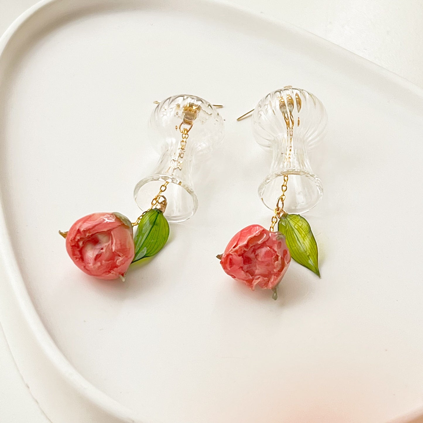 Dried Rose Flowers in Miniature Glass Vase Drop Earrings-Ninaouity