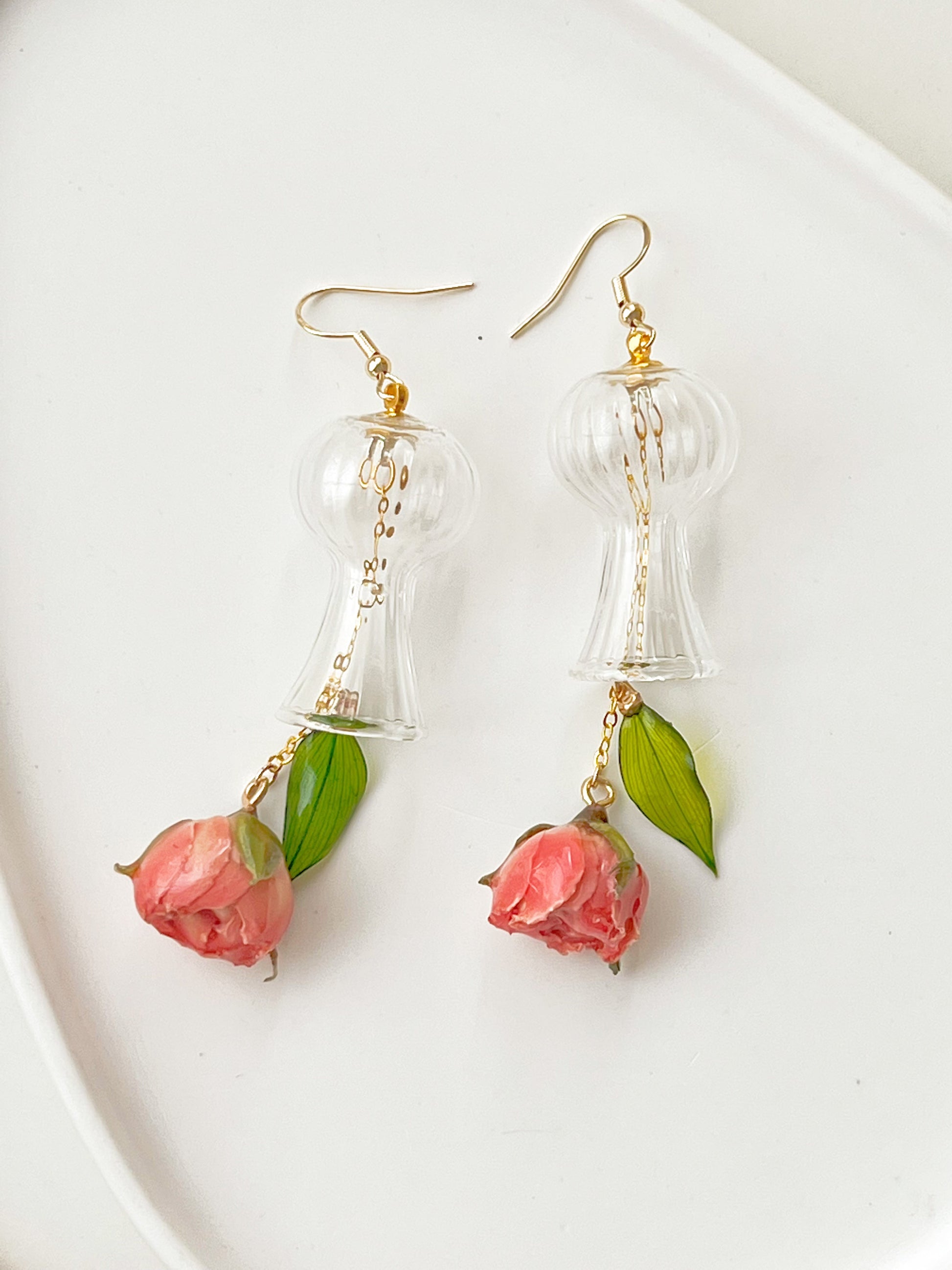 Dried Rose Flowers in Miniature Glass Vase Drop Earrings-Ninaouity