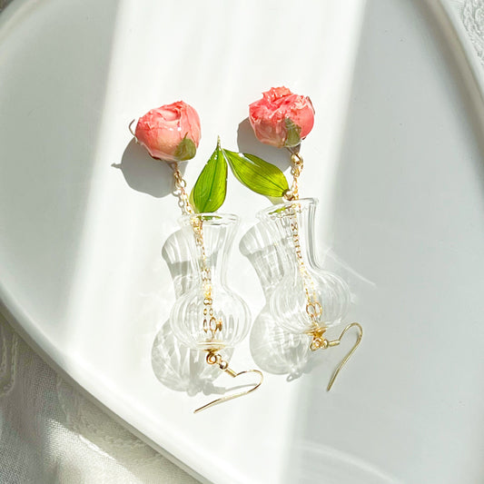 Dried Rose Flowers in Miniature Glass Vase Drop Earrings-Ninaouity