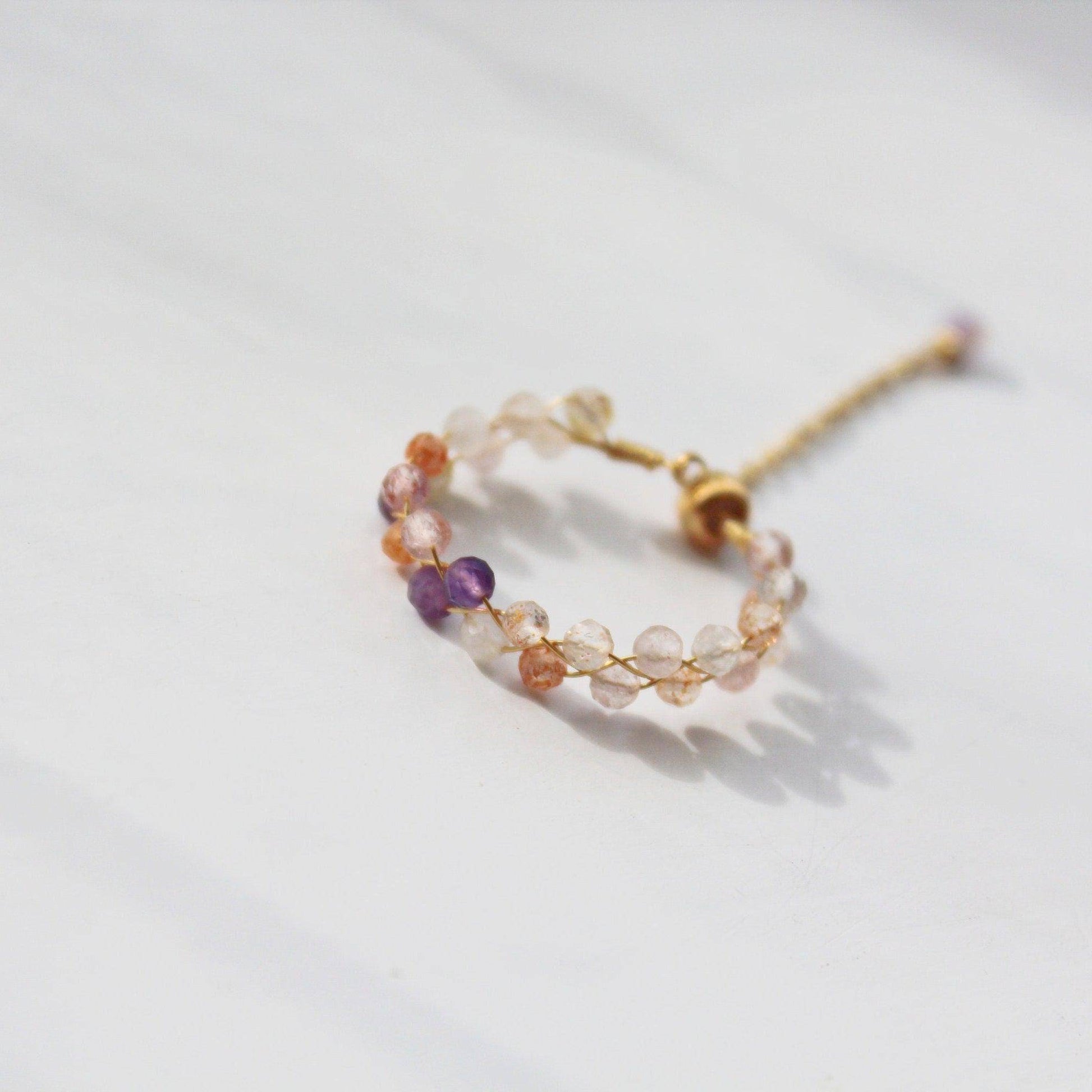 Elestial Quartz Beaded Ring - Purple Orange Gemstone Bead Adjustable Ring-Ninaouity