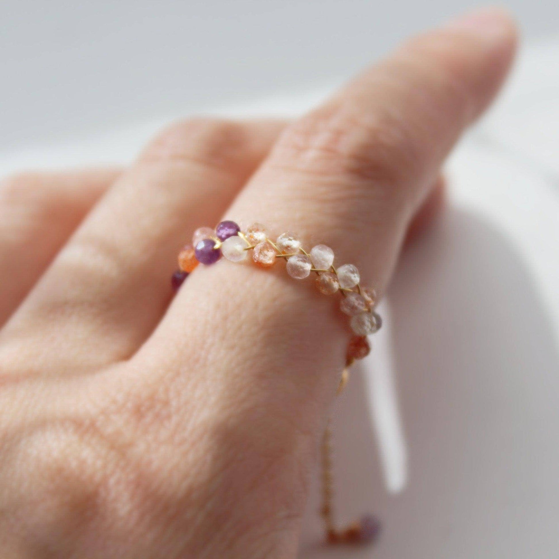 Elestial Quartz Beaded Ring - Purple Orange Gemstone Bead Adjustable Ring-Ninaouity