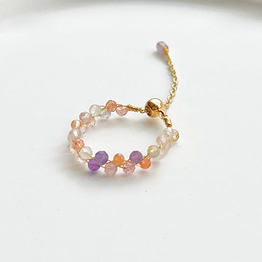 Elestial Quartz Beaded Ring - Purple Orange Gemstone Bead Adjustable Ring-Ninaouity