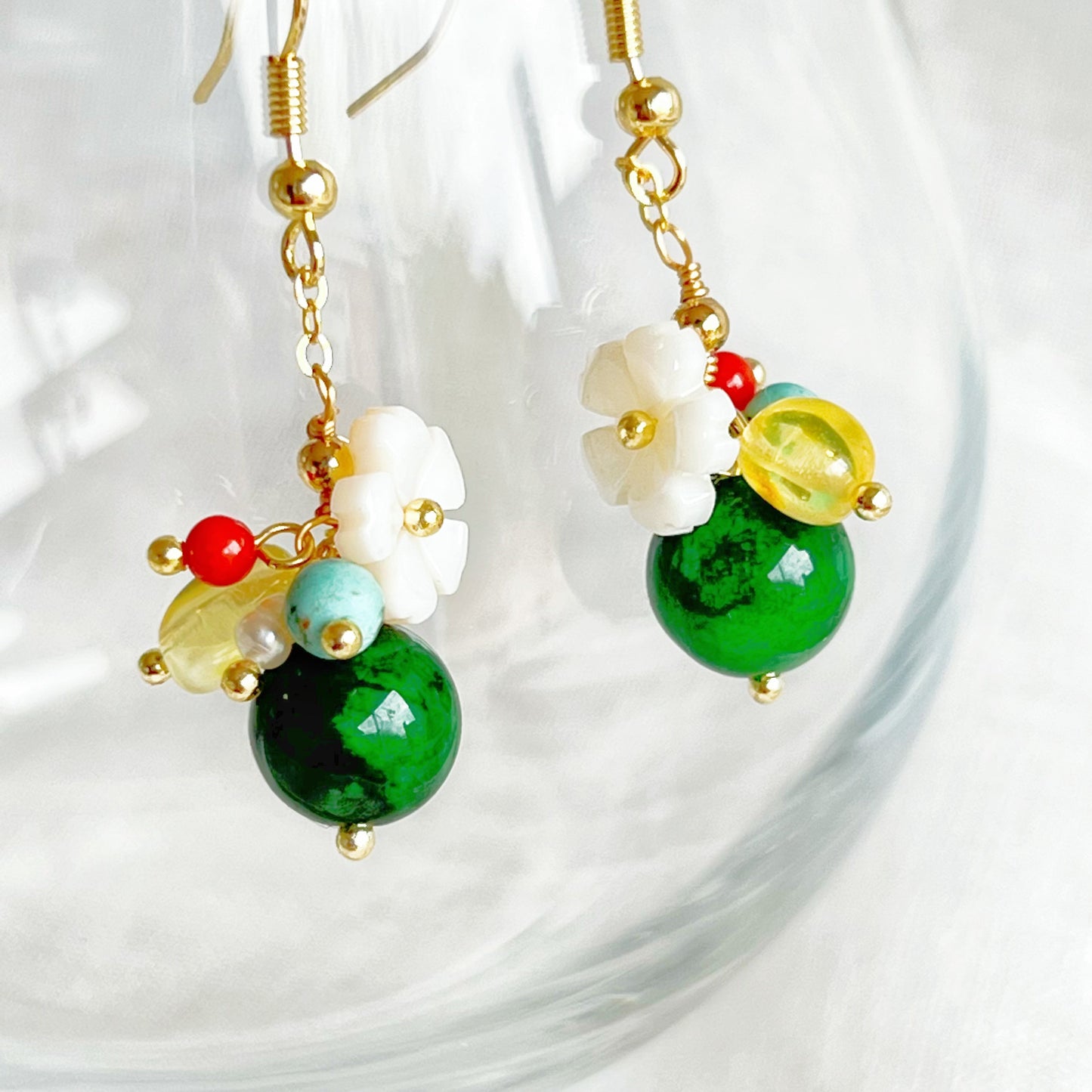 Emerald Green Jade and Flower Drop Earrings-Ninaouity