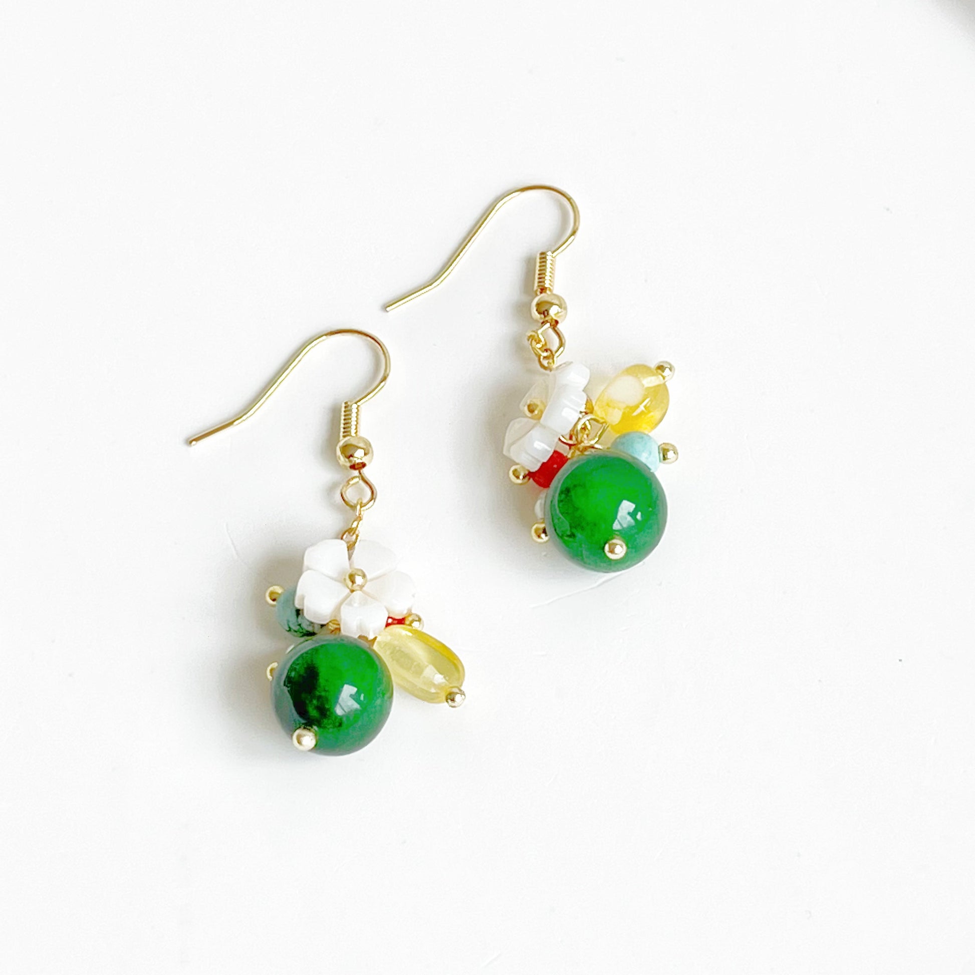 Emerald Green Jade and Flower Drop Earrings-Ninaouity