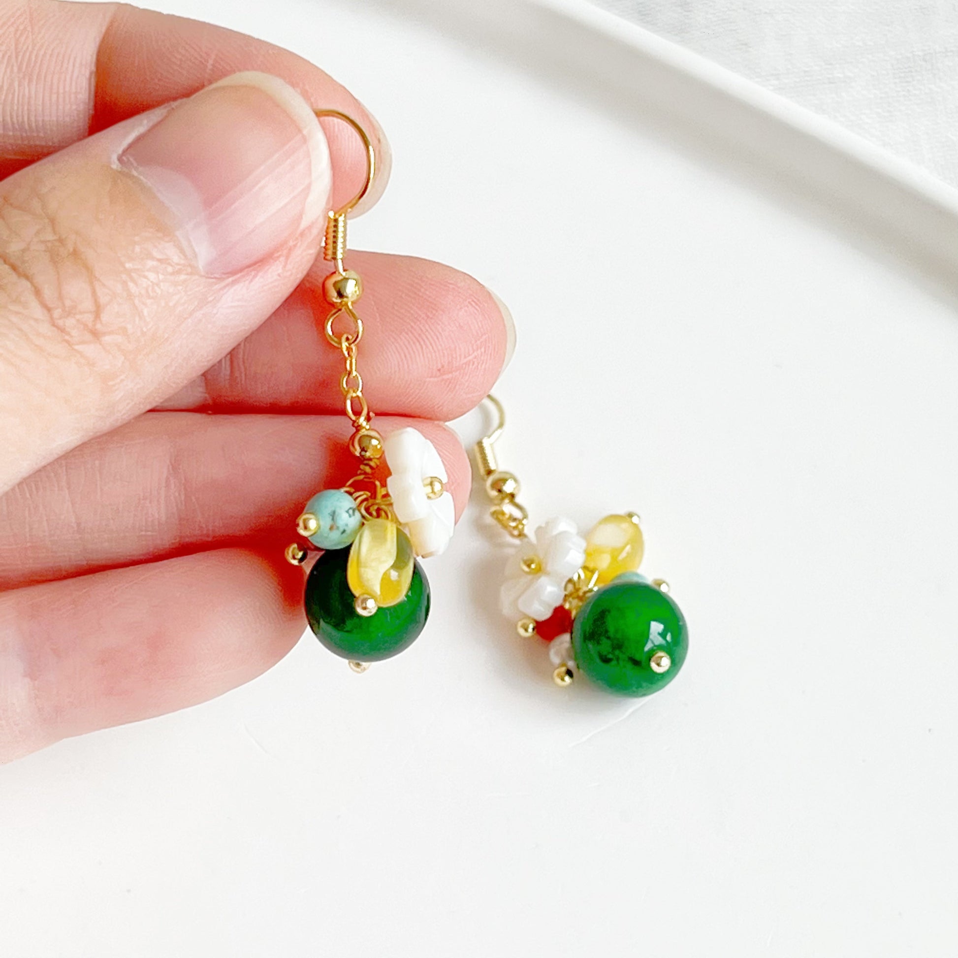 Emerald Green Jade and Flower Drop Earrings-Ninaouity